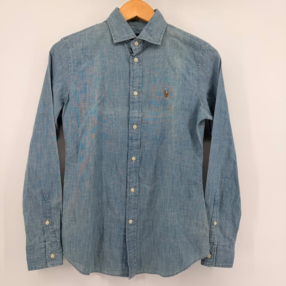 Polo Ralph Lauren Shirt Womens 4 Blue Chambray Button Down Slim Fit Cotton Pony